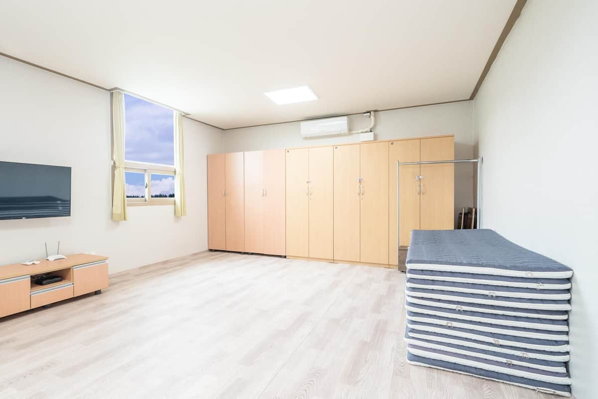 A room with a TV, wardrobe, and a bed with a mattress.
