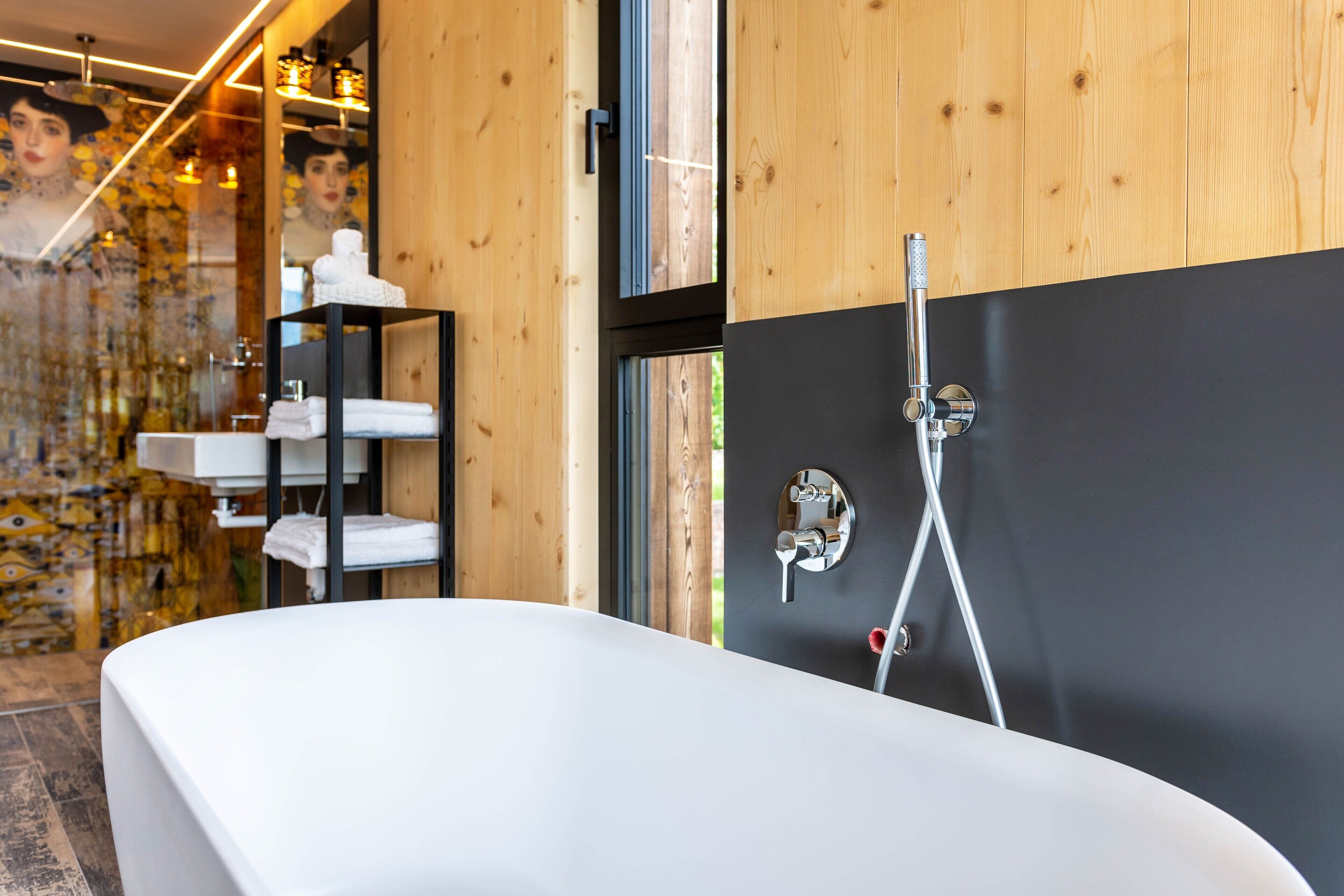 Bathtub, hair dryer, towels
