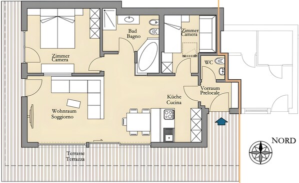 Plano de un hotel que muestra una sala de estar, cocina, baño y una terraza.