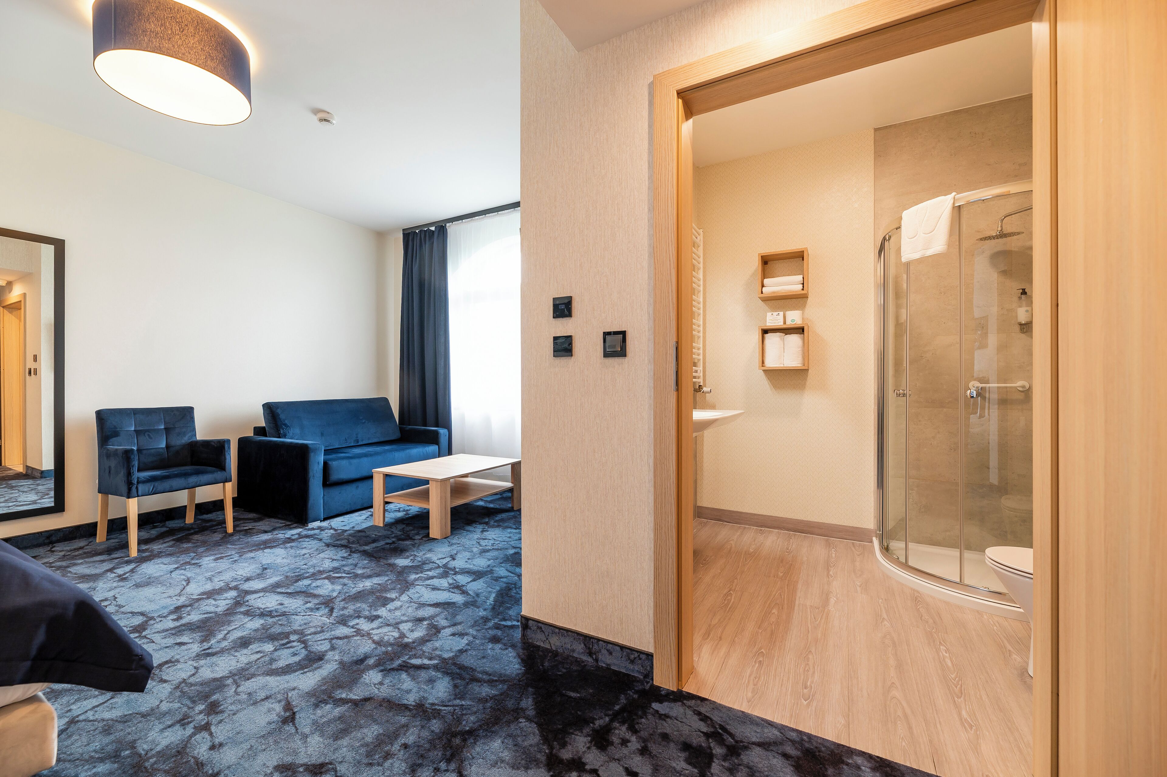 A modern hotel room with a living area featuring a sofa and chairs, a small table, and a glass-enclosed shower.