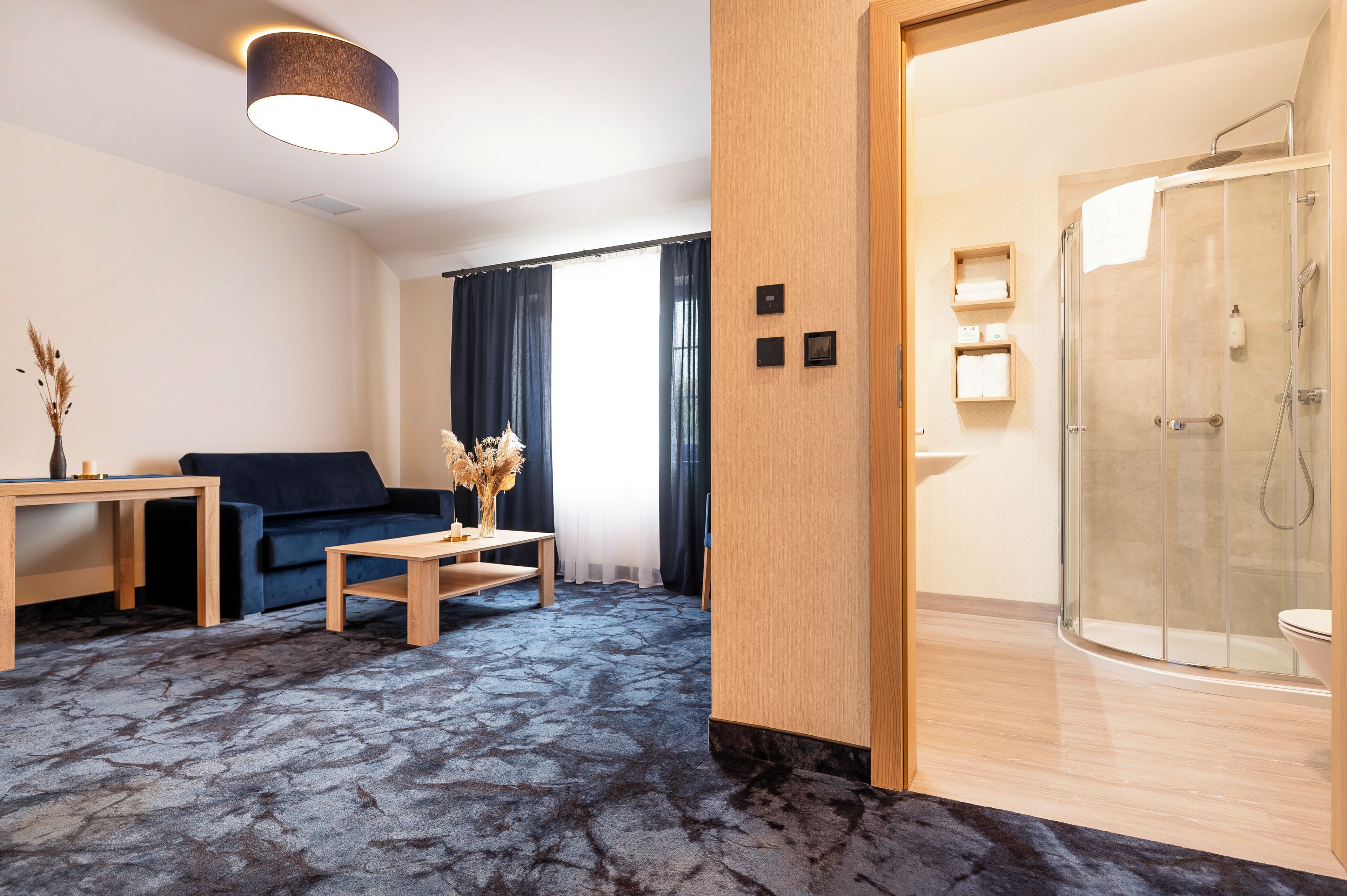 Habitación de hotel con alfombra oscura de estampado, un sofá, una mesita con un florero, una puerta de madera que da a una zona de ducha con mampara de vidrio, y una lámpara en el techo.