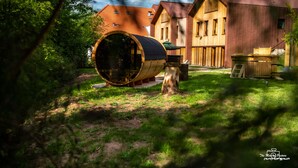 A rustic cabin with a large wooden barrel, a wooden deck, and a small outdoor seating area. - Hotel Altitude et Spa Pierre-Percée (Pierre-Percée)