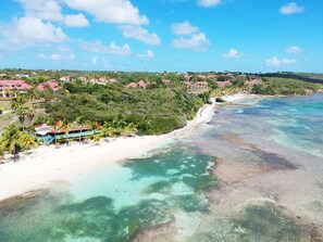 On the beach, sun loungers