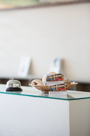 A reception desk with a glass top, a silver bell, and two Hotel Jaho brochures.