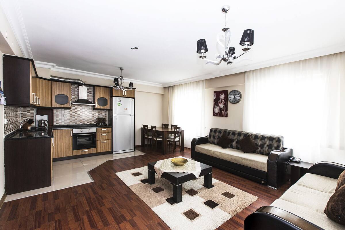 Un appartement moderne comprenant une cuisine, un coin repas et un salon. Il est doté de meubles de cuisine en bois, d’un canapé noir, d’une table à manger avec des chaises et d’un lustre.