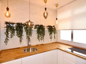 Een koelkast, een oven, een kookplaat, een vaatwasser