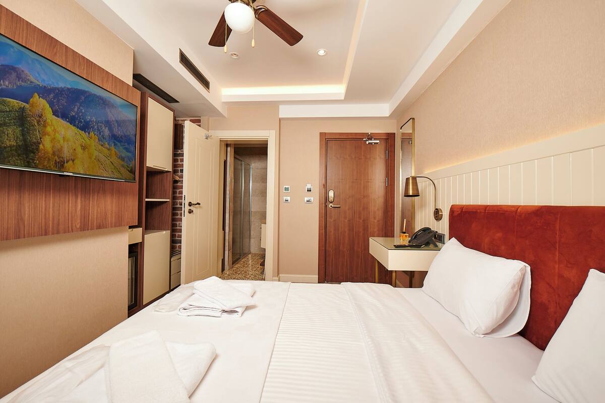 A hotel room with a bed, a television mounted on the wall, a ceiling fan, a bathroom with a shower, and a wooden door.