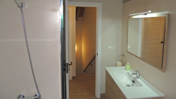 Ein Badezimmer mit Dusche, Waschbecken und Spiegel.