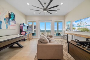 Smart TV, video games, foosball, books
