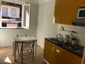 Fridge, microwave, stovetop, electric kettle