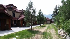 Zona residencial con varias casas, un camino de entrada pavimentado y un sendero cubierto de césped.