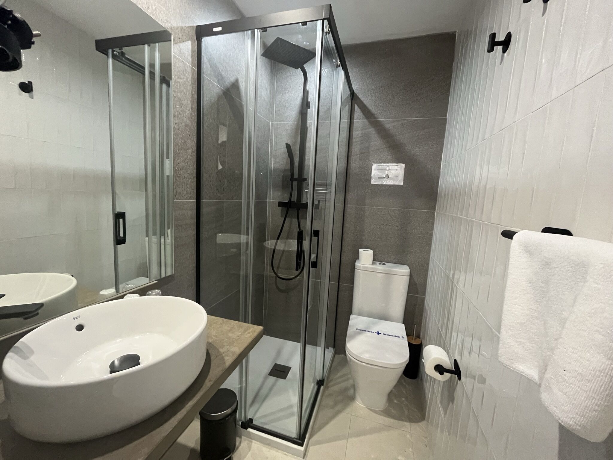 Ein modernes Badezimmer mit einer Duschkabine, einer Toilette und zwei Waschbecken.
