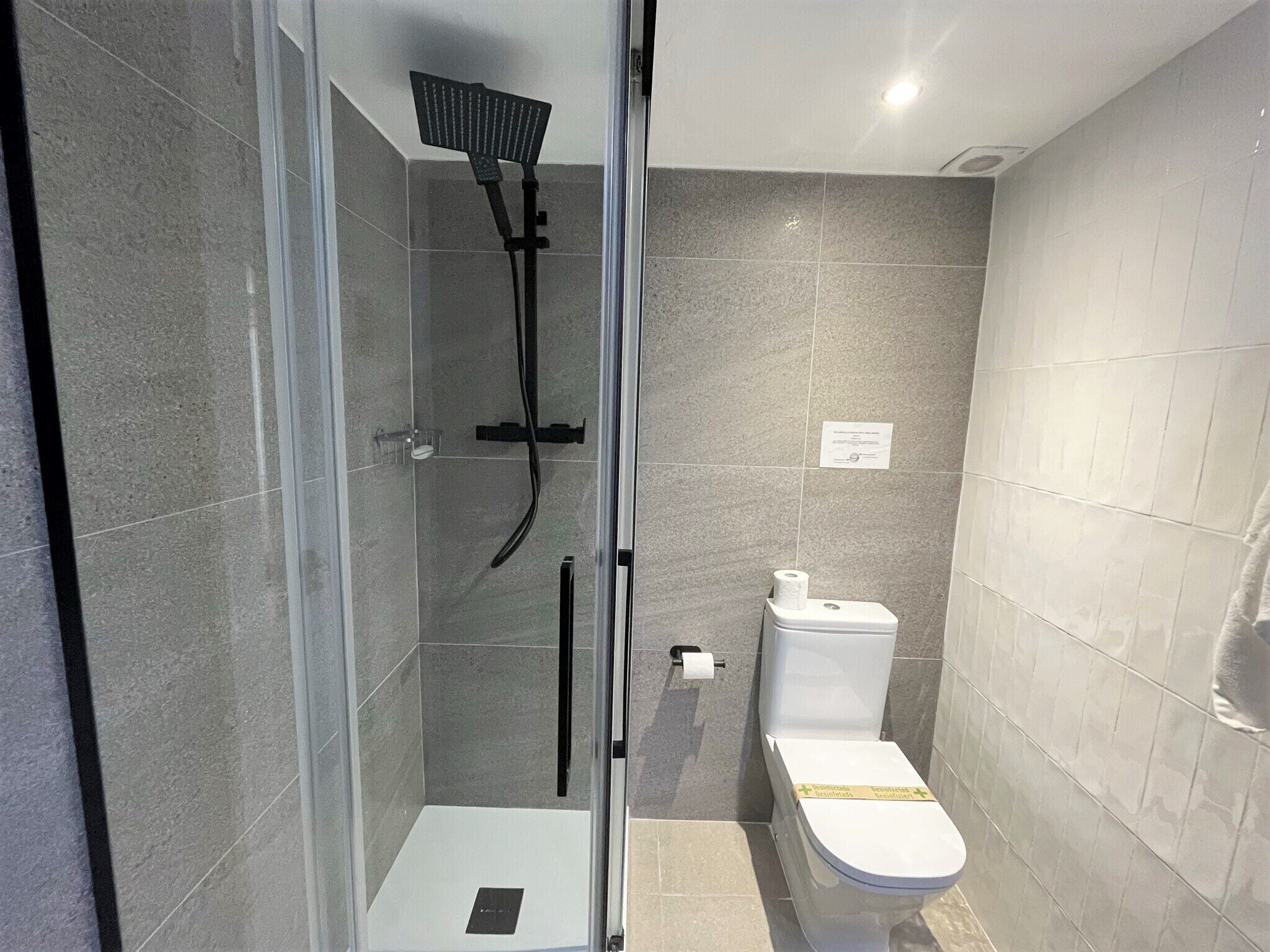 A modern bathroom with a glass-enclosed shower, a toilet, and a small sink.