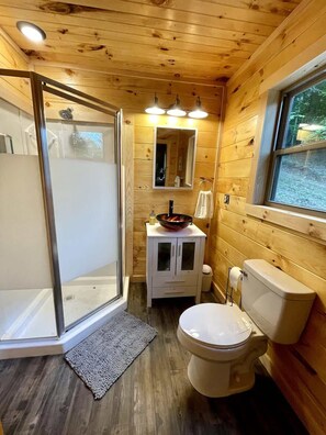 Shower, hair dryer, shampoo