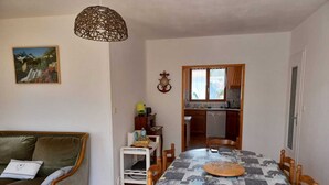 Un salon confortable avec un canapé, une table à manger et des chaises, un coin cuisine et un luminaire suspendu.