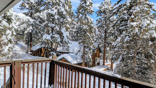 A wooden deck with a railing overlooking a snowy landscape with tall evergreen trees. - CASCADE RETREAT IN MOUNTAIN SETTING, NEAR PIKES PEAK, MINUTES TO MANITOU SPRINGS (Manitou Springs)