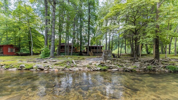 A cabin by a clear stream surrounded by tall trees. - Twin Creeks Cabin - RIVER FRONT! *Hot tub* 4 acres! Pets OK (Deep Gap)