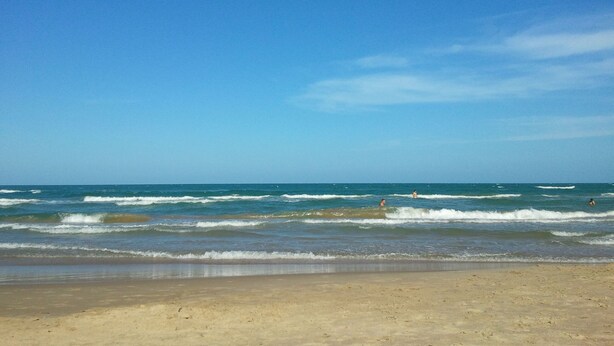 A beach with clear skies and waves.