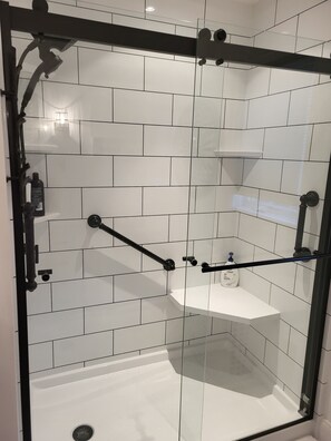 Combined shower/tub, hair dryer, bidet, towels
