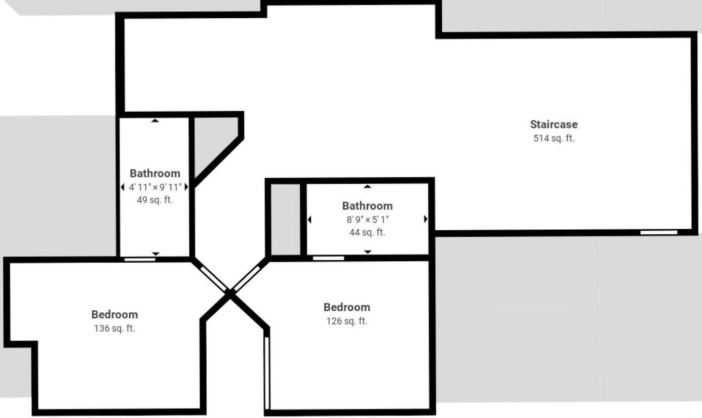 Plano de planta que muestra un dormitorio de 12.9 metros cuadrados, otro dormitorio de 11.8 metros cuadrados, una escalera de 48.2 metros cuadrados y dos baños, uno de 4.6 metros cuadrados y el otro de 4.1 metros cuadrados.