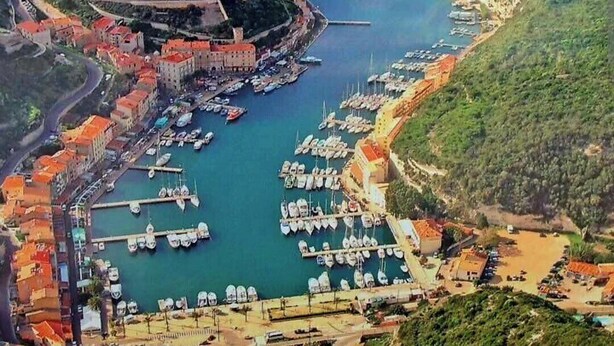 Vue aérienne d’une ville côtière avec un château fortifié, un port de plaisance et la végétation environnante.