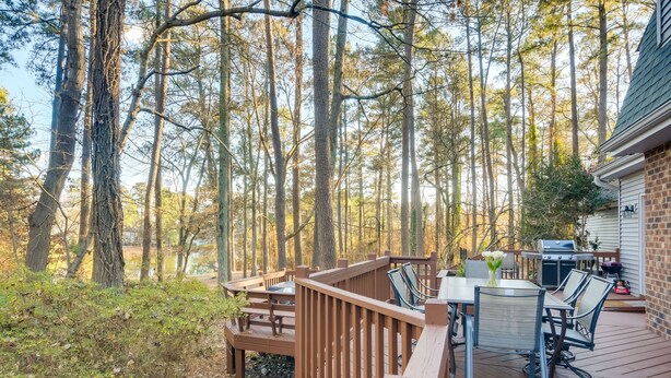 Une terrasse dotée de mobilier d’extérieur, d’un barbecue et offrant une vue sur une forêt.