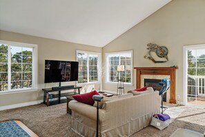 Télévision, cheminée, chaîne hi-fi