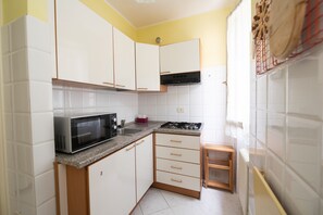 Apartment | Eigene Küche | Kühlschrank, Mikrowelle, Herdplatte, Wasserkocher mit Kaffee-/Teezubehör