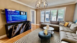 Smart TV, fireplace, books, computer monitors