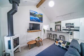 Télévision, cheminée, jeux vidéo, chaîne hi-fi