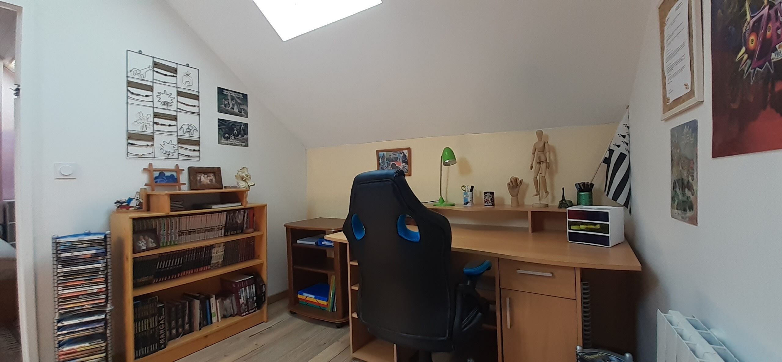 A study room with a desk, chair, bookshelf, and a skylight.