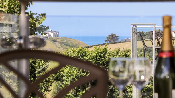 A scenic view from a balcony overlooking a coastal landscape with a vineyard, a distant house, and the sea. - Polurrian House (Helston)