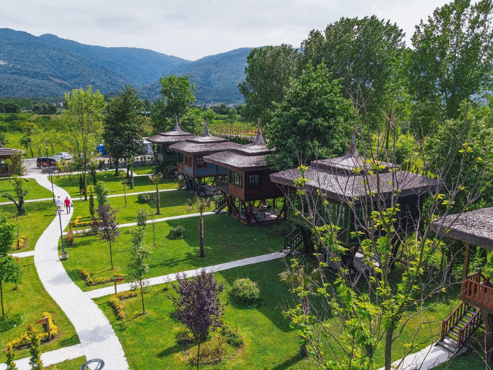 A resort with elevated wooden structures, a central pathway, and lush greenery.