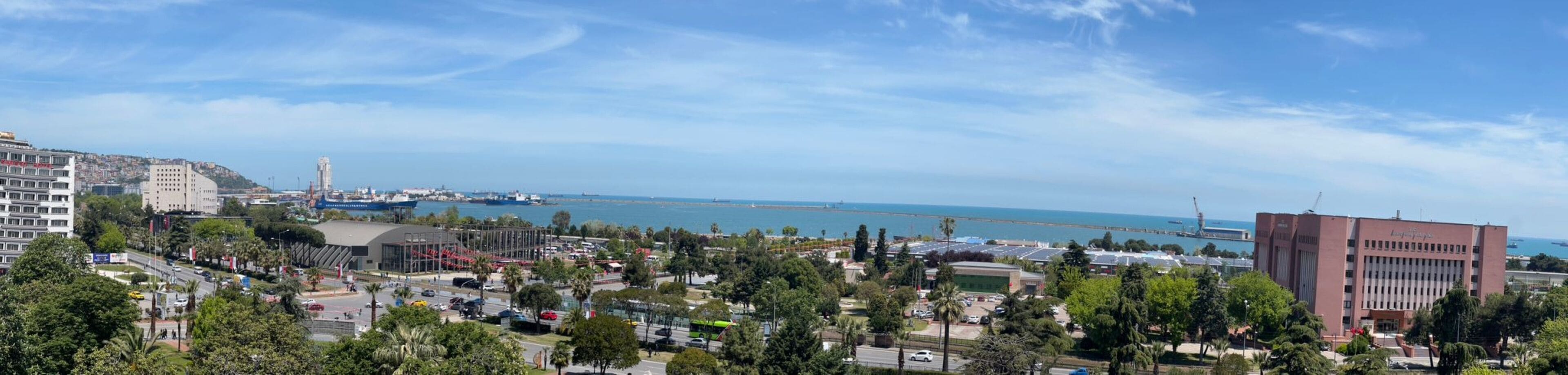 A coastal cityscape with a prominent bridge, modern buildings, and a clear view of the sea.