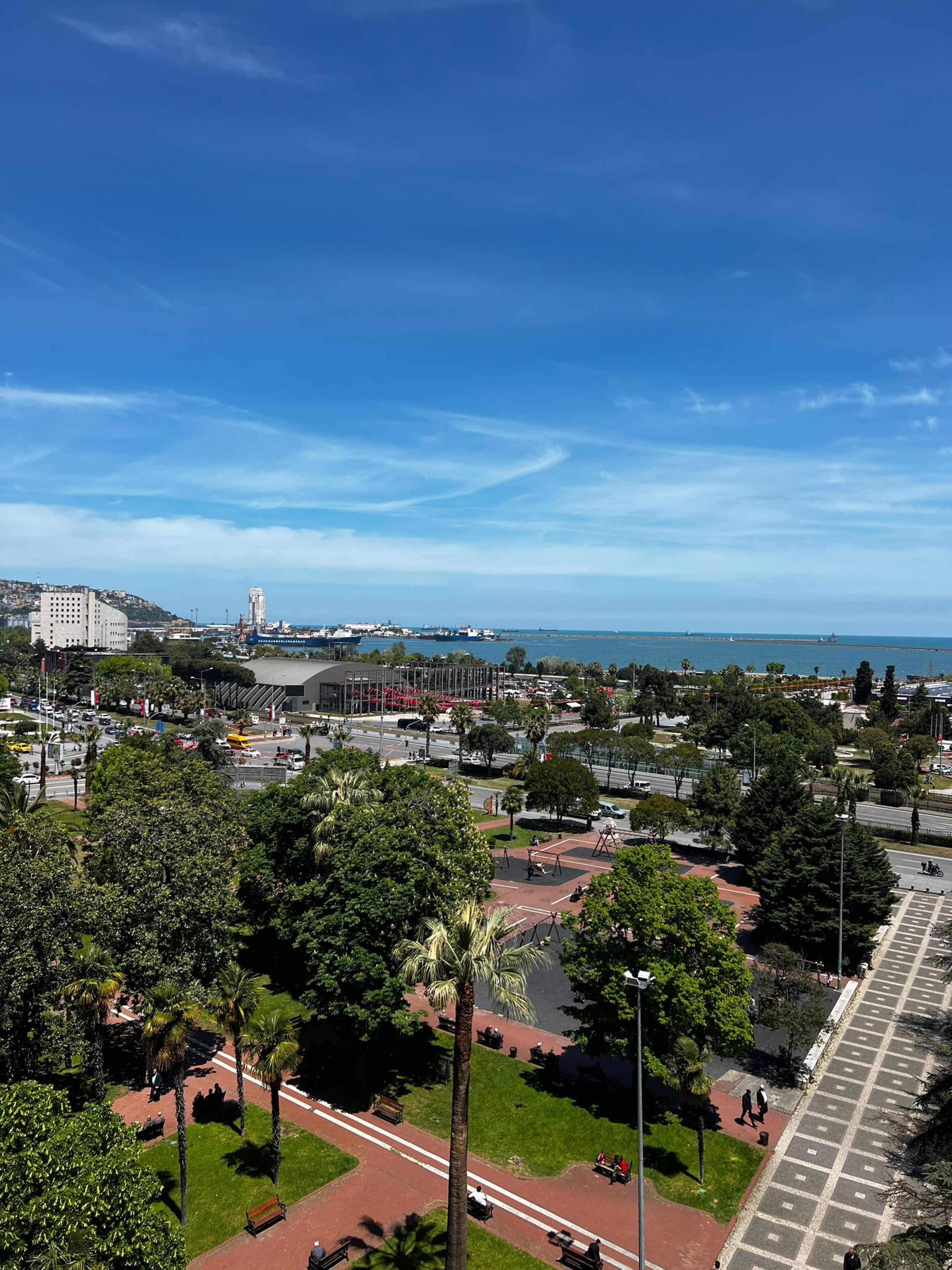 A cityscape with a park, a road, and a body of water in the background.