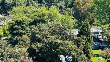Una estatua de una figura a caballo, rodeada de abundante vegetación, con vista a un cuerpo de agua y barcos a lo lejos.