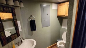 A bathroom with a pedestal sink, a toilet, and a mirror.