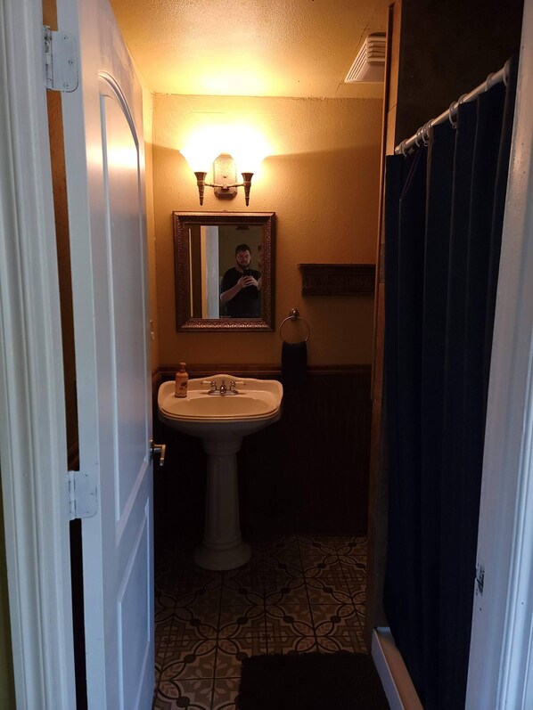 A bathroom with a pedestal sink, a mirror, and a shower curtain. - Turner Falls Cabins #2 in Turner Falls Park (Davis)