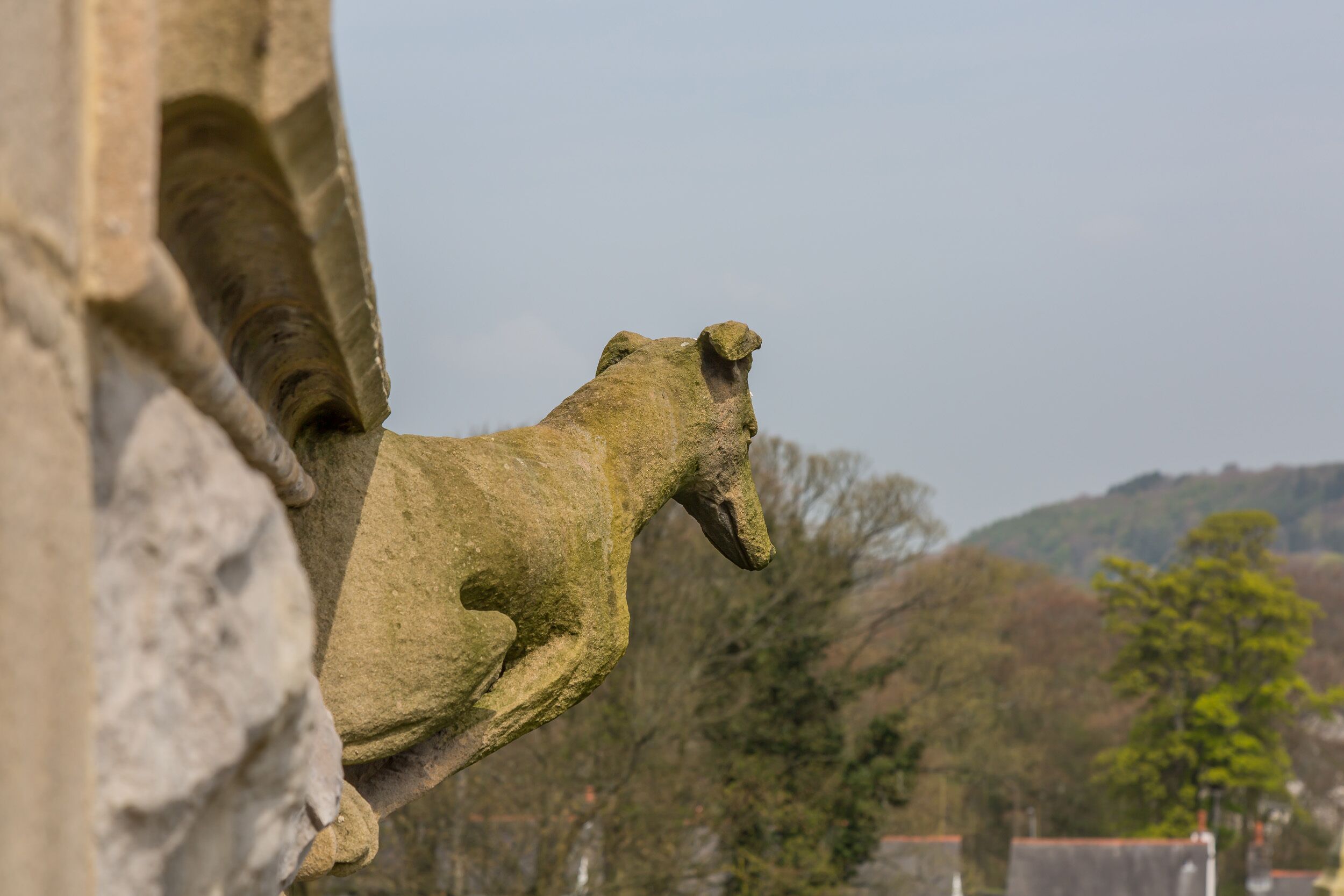 Een stenen gargoyle vastgezet aan de buitenmuur van een gebouw.