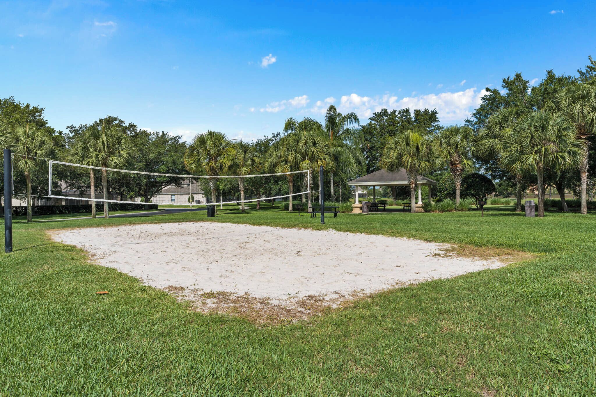 Een volleybalveld met een net, omgeven door gras en palmbomen.