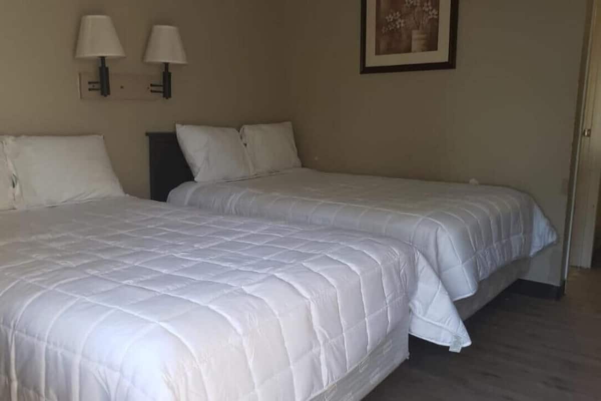 A hotel room with two beds, a nightstand, a lamp, and a framed picture on the wall.