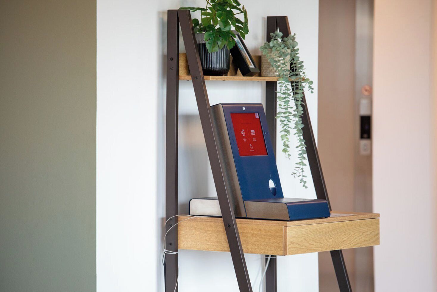 A wall-mounted shelf with a book, a small plant, and a red control panel.