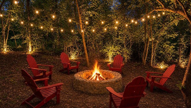 A fire pit surrounded by red chairs in a wooded area with string lights. - Spacious 4BR Near Pinehurst | Fire Pit + Games (Southern Pines)
