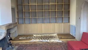 Una sala de estar con un sofá rojo, una mesa de centro de madera, un tapete estampado y un tapete con estampado de cebra, además de una gran estantería.