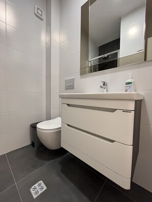 Een moderne badkamer met toilet, wastafel en spiegel.