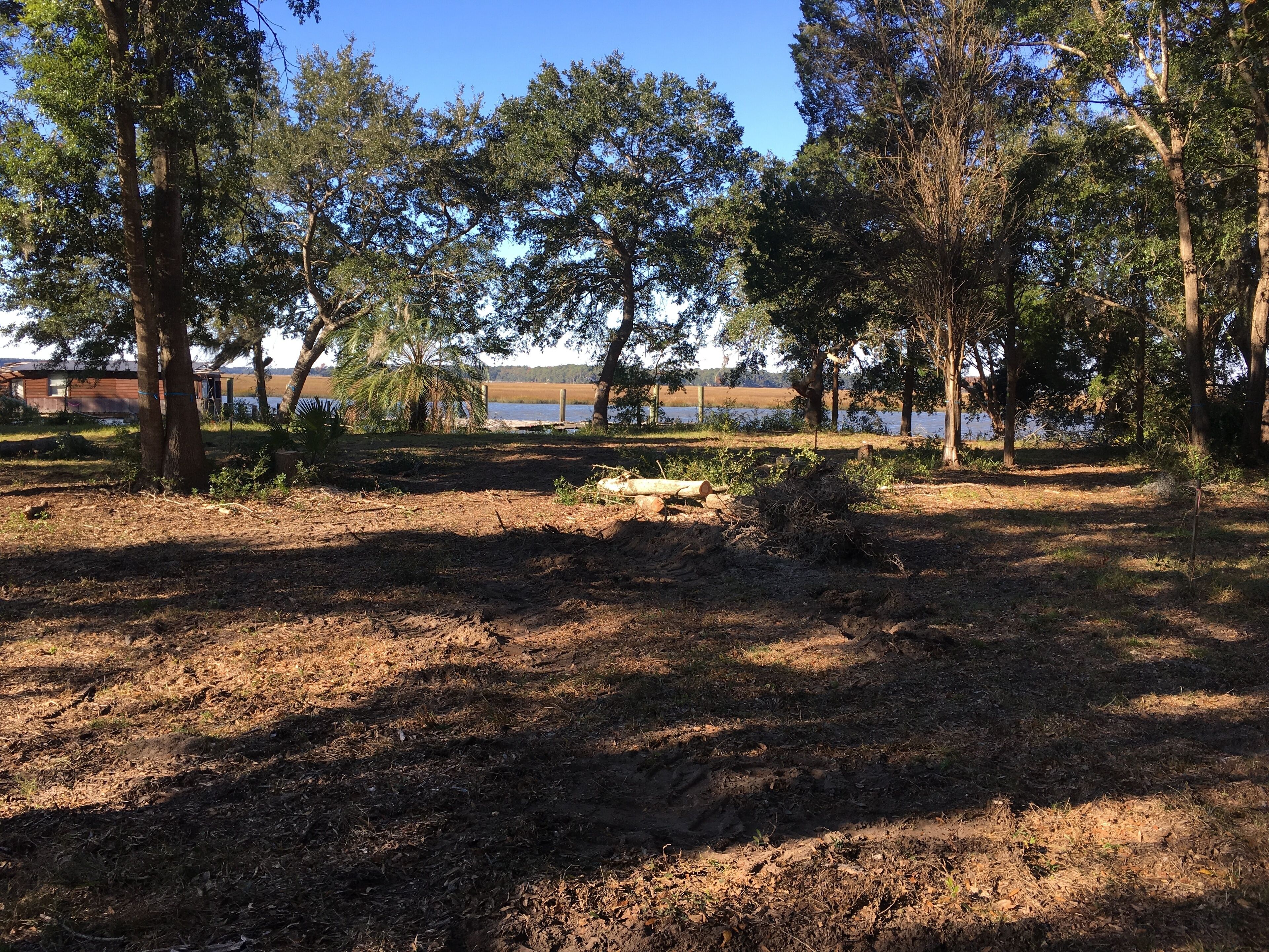 A campsite with trees, a dirt ground, and a view of a lake.
