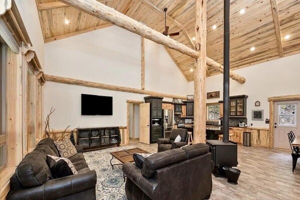 Smart TV, fireplace, video games, DVD player