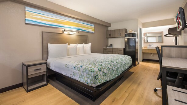 Una habitación de hotel con una cama, mesitas de noche, un escritorio, un refrigerador y un televisor.
