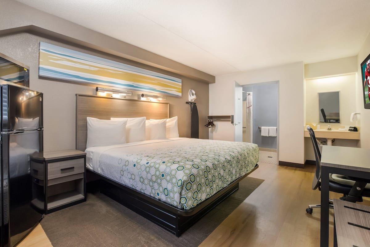 A hotel room with a bed, a desk, a refrigerator, and a bathroom.
