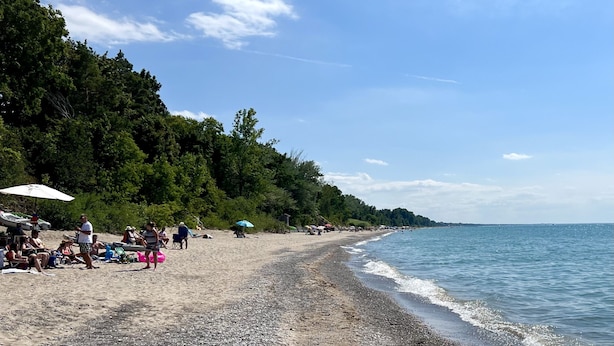 Una playa con gente relajándose, sombrillas y un cielo despejado.
